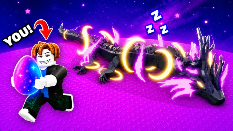 Official game artwork showing a player holding a purple star-covered egg beside a sleeping cosmic dragon
