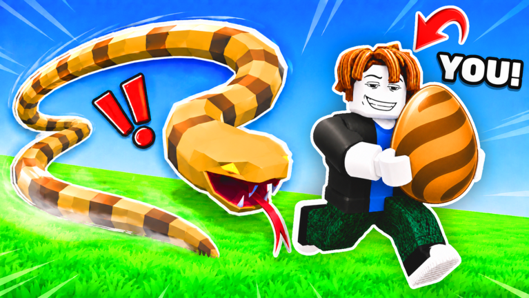 Official game artwork of a player carrying a gold and brown striped egg beside a snake