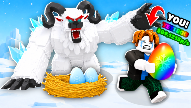Official game artwork labelled YETI EGG showing a rainbow snowflake egg and two blue eggs in a nest